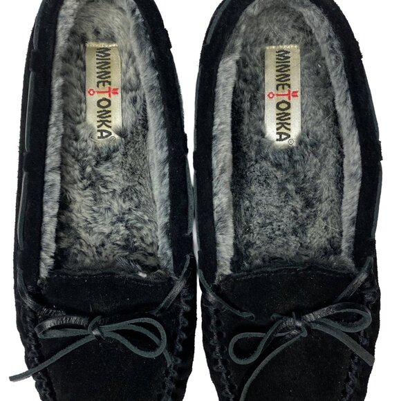Minnetonka Women’s Black Suede Moccasin Slippers — Size 8M, Faux-Fur Lined - Picture 1 of 7